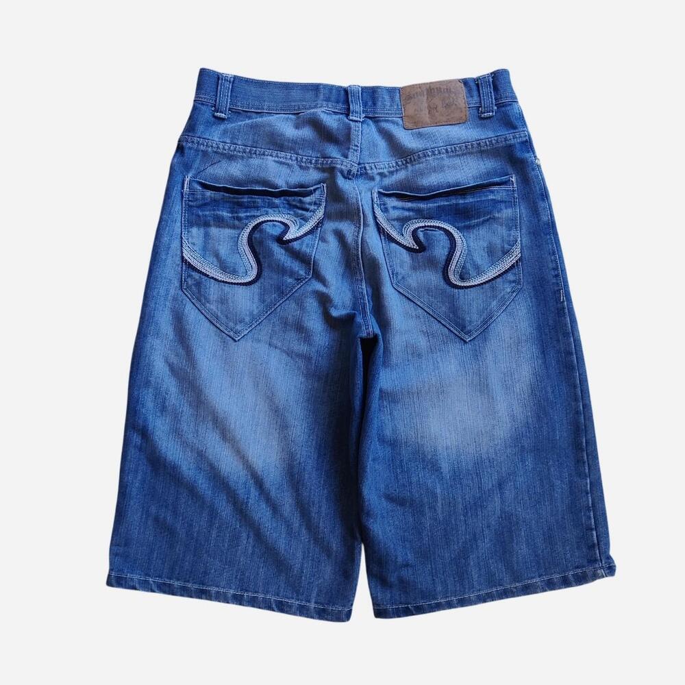 Y2K Southpole blue denim baggy shorts with embroidered backpockets